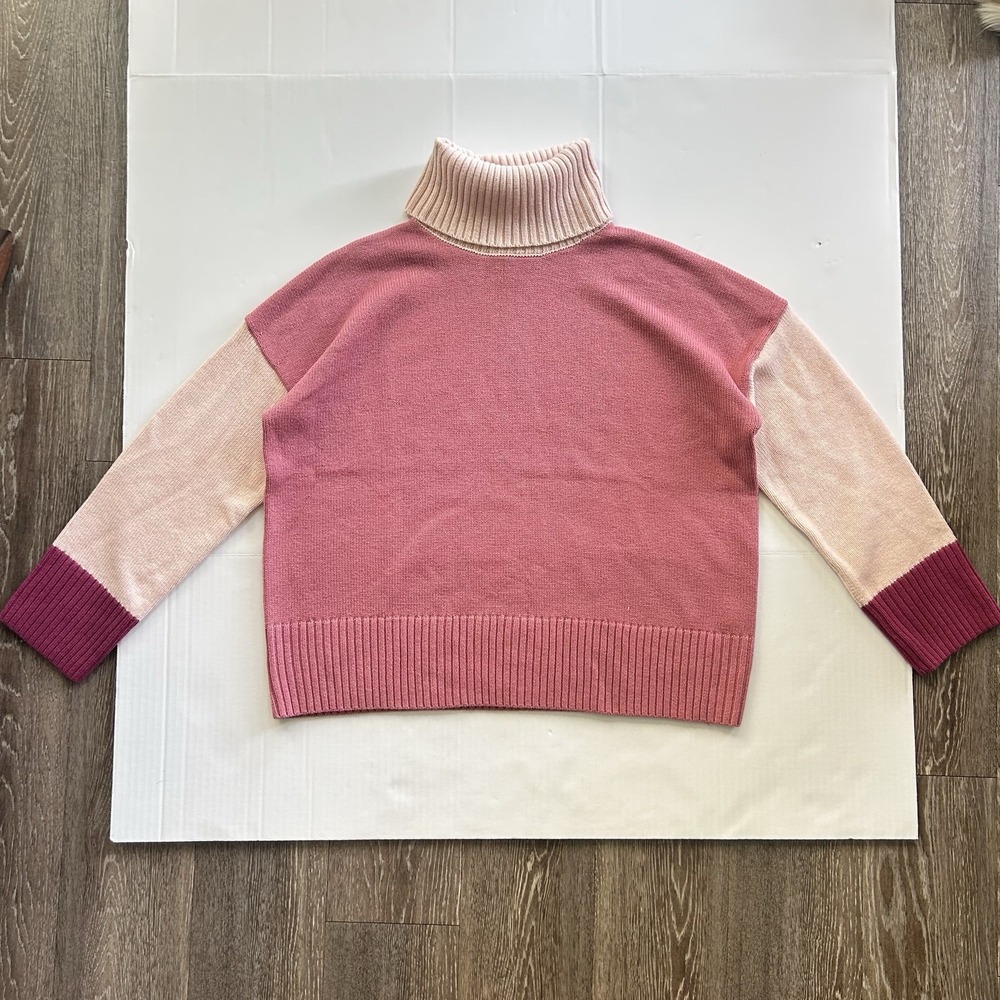 Garnet Hill Colorblock Turtleneck Sweater Merino Wool Organic Cotton Pink